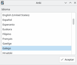 Captura de pantalla de la selección de idioma en Anki