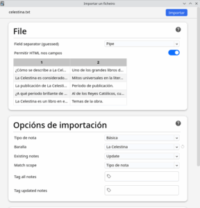 Captura de pantalla de las opciones de importación en Anki